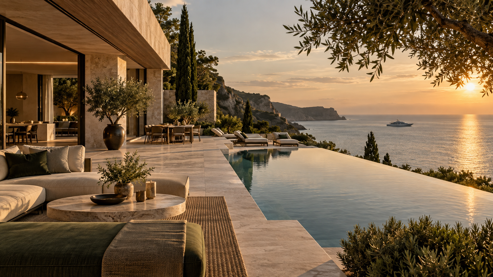 Concept visualisation of a Mediterranean villa terrace overlooking the sea and a yacht