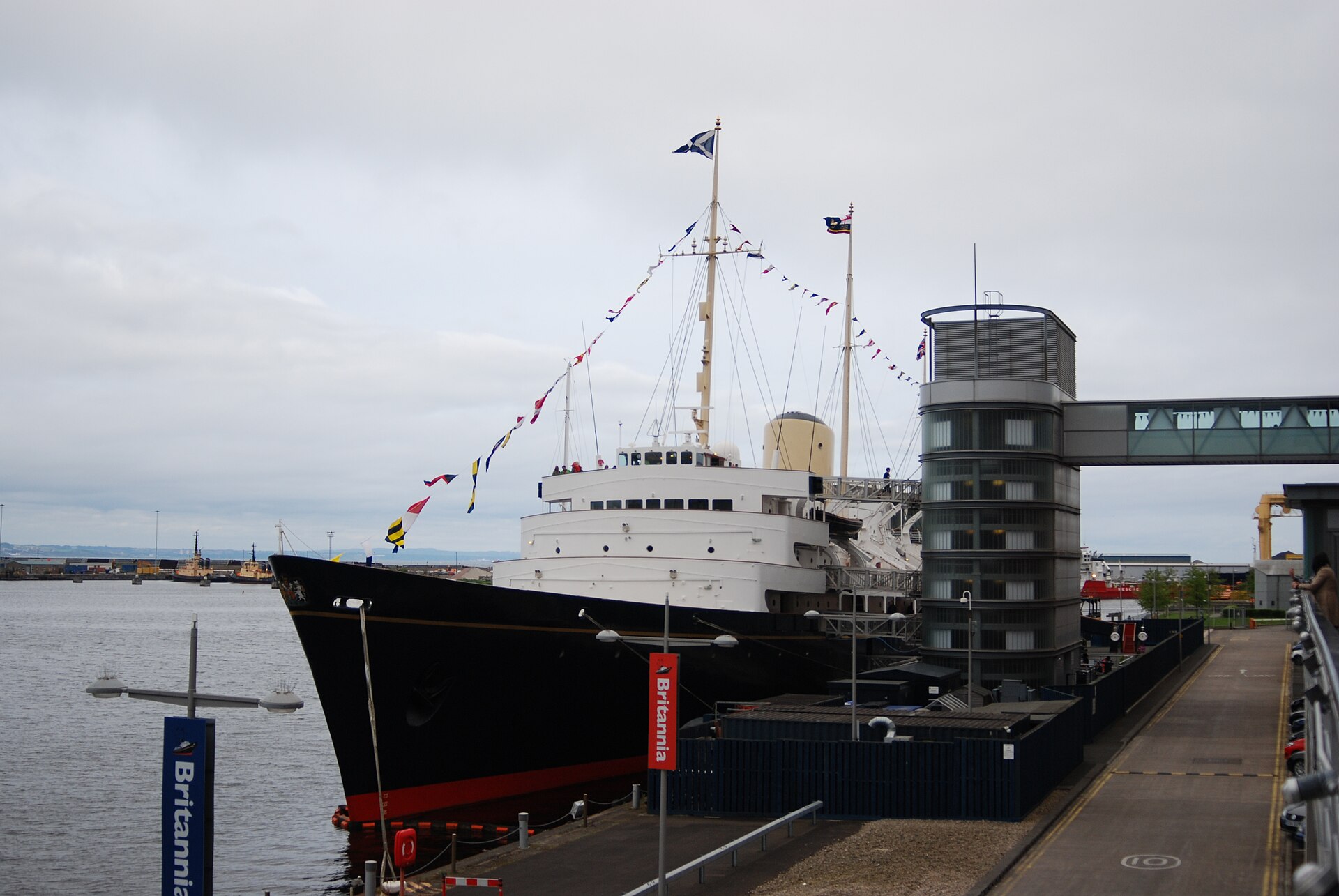 The Royal Yacht Britannia moored at the Ocean Terminal in Leith, Edinburgh.